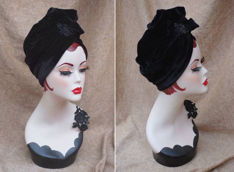Schwarz Samt Turban Perlen // Extravagant Geschlossener Turbanhut Art Deco Accessoires Vintage 20Er 30Er Jugendst Haarausfall von Jazzafine