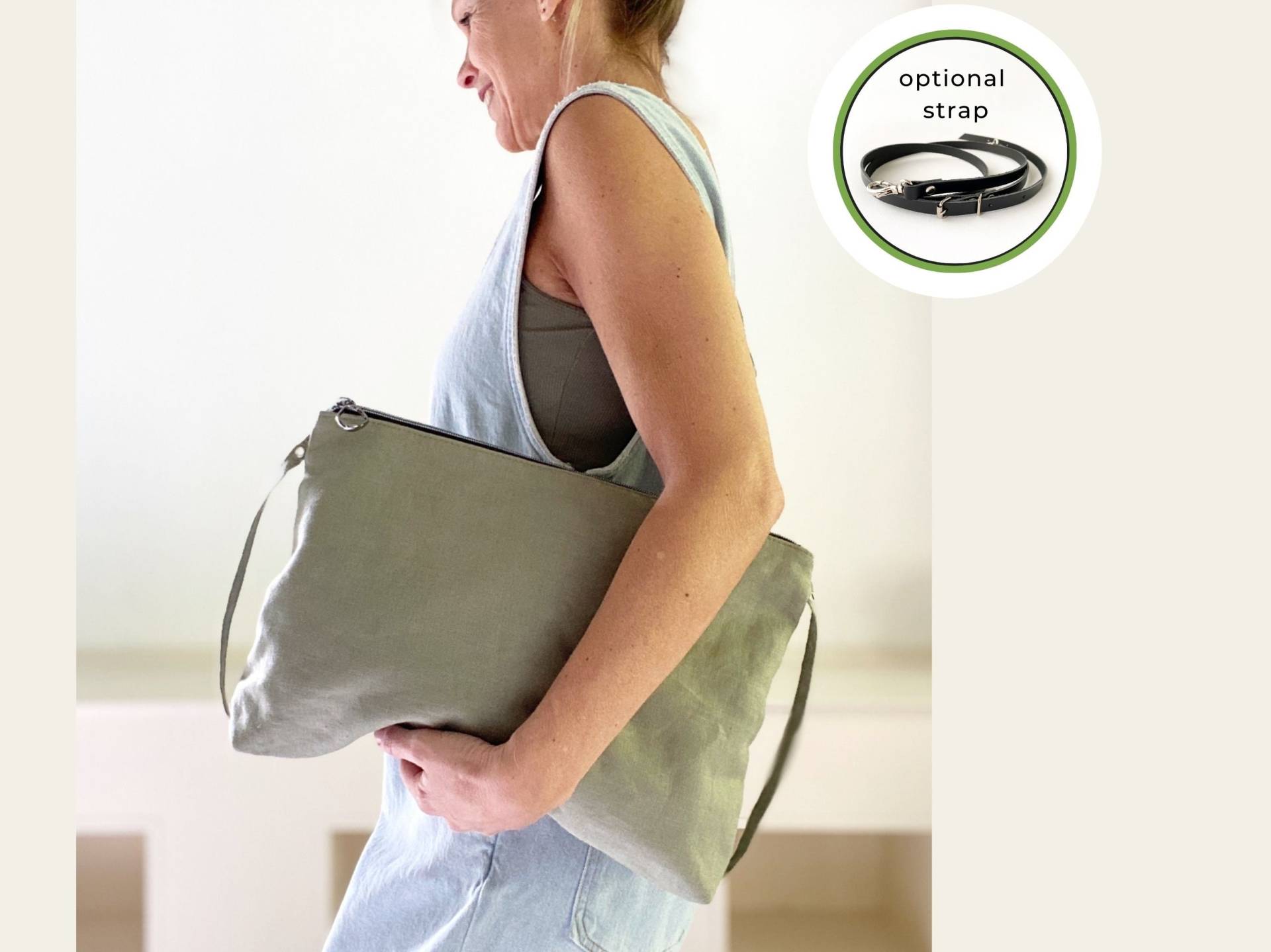 Naturfarbene Xl-Tasche Aus Leinen, Große Umhängetasche Mit Abnehmbarem Schultergurt, Lässige Sommer-Clutch 2 in 1, Projekttasche Stricken von JazzeeThings