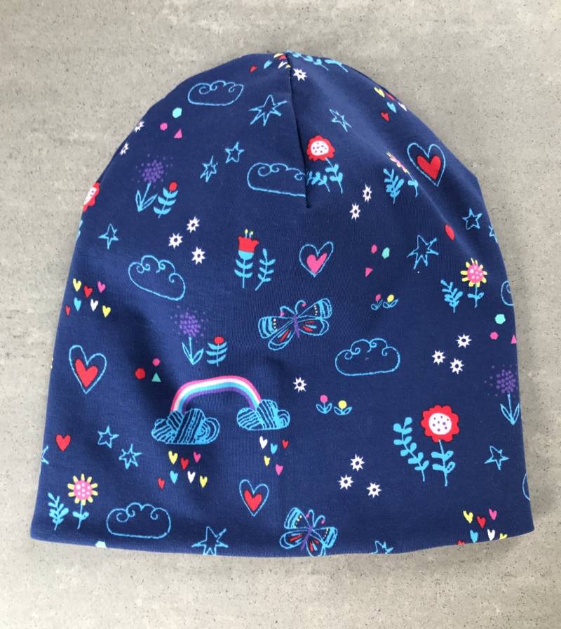 Mütze Kinder Beanie Zum Wenden Mädchen Dunkelblau Baby Handmade Regenbogen Blumen Wolken Sterne Herz Girl von JazzminsShop