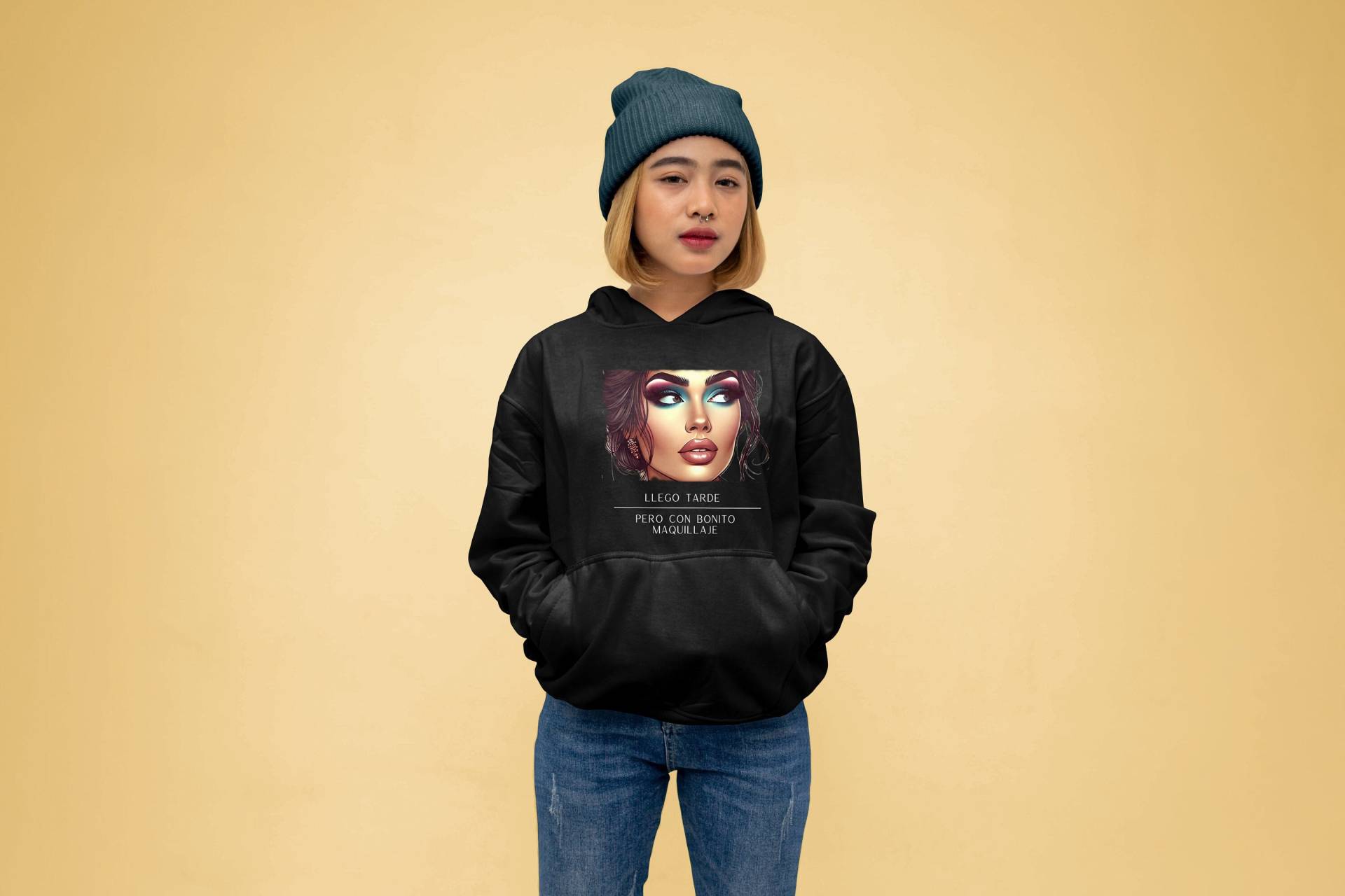 Woman Hoodie Pullover Funny Statement- Salsa Style - Musician Tribute-Llego Tarde Pero Con Bonito Maquillaje | Late But Nicely Made Up von JazzzCreativeCorner