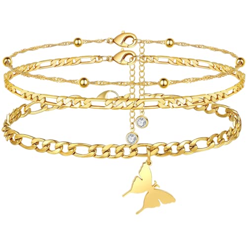 Jbniuay Fußkettchen Gold Damen Fußkette Set – Schmetterling Sommer Barfuß Strand Fusskette Fußschmuck Set Edelstahl Verstellbare für Frauen Mädchen von Jbniuay