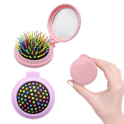 Haarbürste für Kleinkinder, Mädchen, Herren, Damen, nasse oder trockene Haarbürste, Profi-Entwirrungsbürste, Haarbürste mit Spiegel, Falttasche, Reise, Mini-Wildschweinborsten, kleine Paddel-Pop-Bürste, Kamm (Rosa + Lila) von Jc.upin