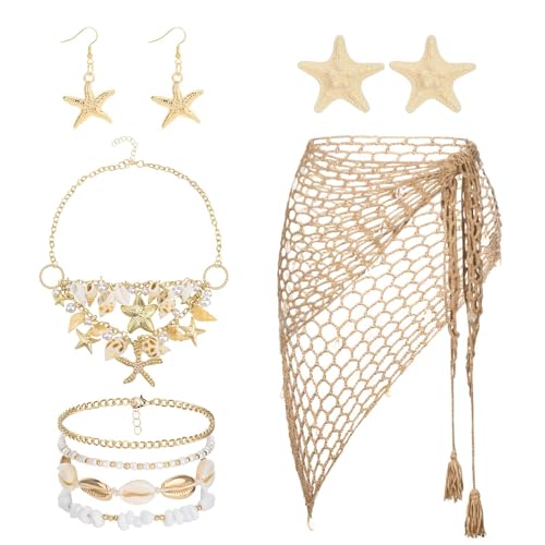 Meerjungfrauen-Kostüm-Zubehör, Strand-Häkelrock, Seestern-Halskette, Haarspange, Ohrringe, Knöchelarmbänder für Damen, Sommer, Strand, Halloween-Kostüm, 10 Stück von JcHrmers