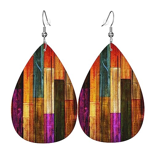 Bunte bemalte Holz Ohrringe Ohrringe für Frauen Anhänger Ohrringe Tropfen Leder Ohrringe Statement Ohrringe Mode Ohrringe, Einheitsgröße, Leder von Jcakes