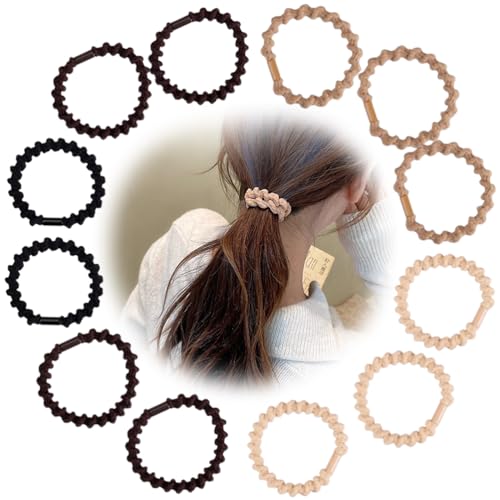 JchEnye 12er Pack Seidenschaumperlen Kleine Haarbänder Gummibänder Haarbänder Anti-Reiß-Zöpfe Elastisch Geeignet für Frauen- und Mädchenhaar (Schwarz/Deep Curry/Kaffee/Khaki/Beige) von JchEnye