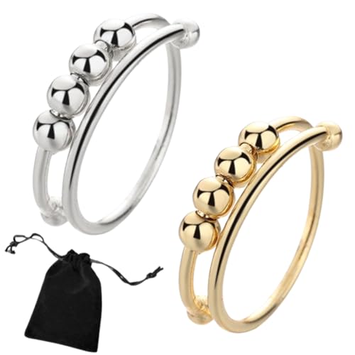 2 Stück verstellbare Angstringe 925 Sterling Silber Frauen Angst und Stress Pinky Ringe - Spinning Finger Ringe für Frauen Schmuck und Geschenke, Edelstahl (Gold-Weißgold) von JchEnye