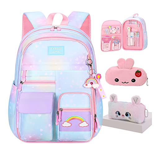 Jcobvig Kawaii-Rucksack für Mädchen und Kinder, niedlicher Schulrucksack mit Stifttasche, blau, ästhetisch, Sternenregenbogen-Laptop-Reisetasche (blau, mittelgroß, 41,9 cm) von Jcobvig