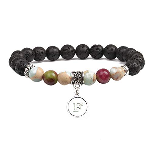 Armband mit Anfangsbuchstaben für Frauen und Mädchen, handgefertigt, Lavastein, Perlen, Stretch-Armband, Chakra, Yoga, Energieheilungs-Armband (F) von JczR.Y