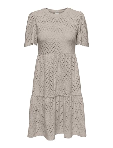 JdY Damen Mini Kleid mit Lochstickerei Oberschenkellang Lockeres Kurzarm Rundhals Freizeitkleid JDYCARLA, Farben:Hellgrau, Größe:XL von JdY