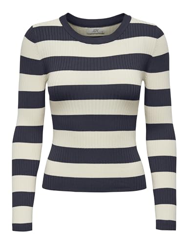 JDY Damen Gestreifter Langarm Strickpullover Striped Oberteil Gerippt Basic Knit Sweater Top JDYPLUM, Farben:Dunkelblau, Größe:M von JdY