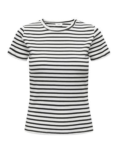 JdY Damen Gestreiftes Shirt Oberteil Basic Rundhals T-Shirt Modisches Top JDYSOLAR, Farben:Weiß-2, Größe:M von JDY