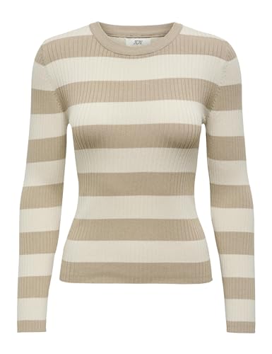 JDY Damen Gestreifter Langarm Strickpullover Striped Oberteil Gerippt Basic Knit Sweater Top JDYPLUM, Farben:Beige, Größe:M von JDY