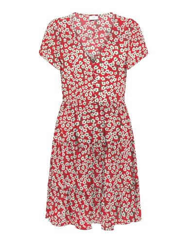 JdY Sommerkleid V-Ausschnitt, Kurzarm, Gemustertes Knopf Design, Farben:Rot, Größe:S von JDY