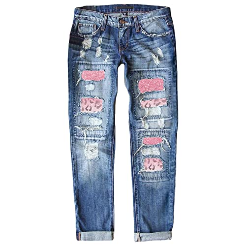 Damen Jeanshose Zerrissene Jeans Lässige lockere Hose Herzdruck Distressed Stretch Jeans Schlanke Jeanshose Jeanshosen Damen Stretch Mit Applikationen (Blue, M) von Jdamsixygs