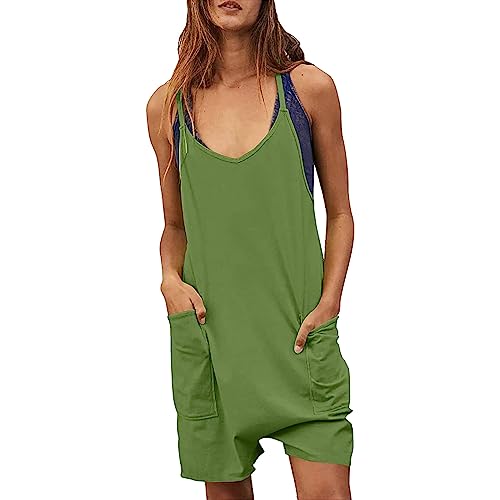 Damen Latzhose Jumpsuit Sommer Kurzgröße Trägerhose Frauen lässige Ärmellose Oberhose Latzhose mit Taschen Kurz Romper Arbeitshose Beiläufig Strampler Cargo Hose Loose Bib Pants Baggy Jumpsuit von Jdamsixygs