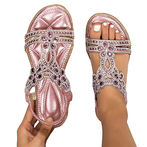 Flache Sandalen Damen Sommer Freizeit T-Riemen Boho Strasssteine Glitzer Strandsandalen Bequeme Zehentrenner mit Weiche Fußbett Elegant Sommerschuhe Mode Strand Offene Zehe Sandaletten Flip Flops von Jdamsixygs