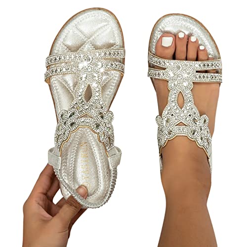 Flache Sandalen Damen Sommer Freizeit T-Riemen Boho Strasssteine Glitzer Strandsandalen Bequeme Zehentrenner mit Weiche Fußbett Elegant Sommerschuhe Mode Strand Offene Zehe Sandaletten Flip Flops von Jdamsixygs