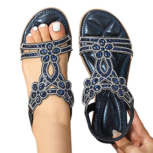 Flache Sandalen Damen Sommer Freizeit T-Riemen Boho Strasssteine Glitzer Strandsandalen Bequeme Zehentrenner mit Weiche Fußbett Elegant Sommerschuhe Mode Strand Offene Zehe Sandaletten Flip Flops von Jdamsixygs