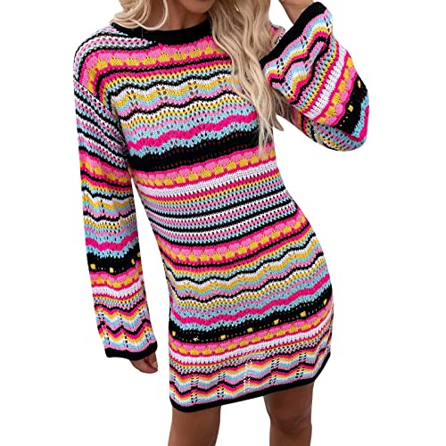 Jdamsixygs Damen Pullover Kleid Regenbogen Gestreift Langarm Lose Gehäkelt Gestreift Mini Casual Pullover Kleid Langes Kleid Damen Schwanger (Black, M) von Jdamsixygs