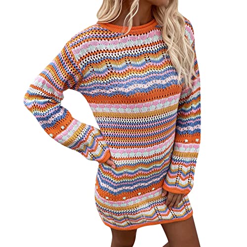 Jdamsixygs Damen Pullover Kleid Regenbogen Gestreift Langarm Lose Gehäkelt Gestreift Mini Casual Pullover Kleid Langes Kleid Damen Schwanger (Orange, M) von Jdamsixygs