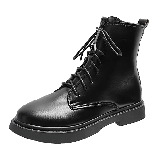 Jdamsixygs Mode Frauen Kunstleder Einfarbig Herbst Dicke Sohle Quadratische Absätze Schnürschuhe Kurze Stiefeletten Runde Zehe Schuhe Damen Mit Absatz Kurz (Black, 40) von Jdamsixygs