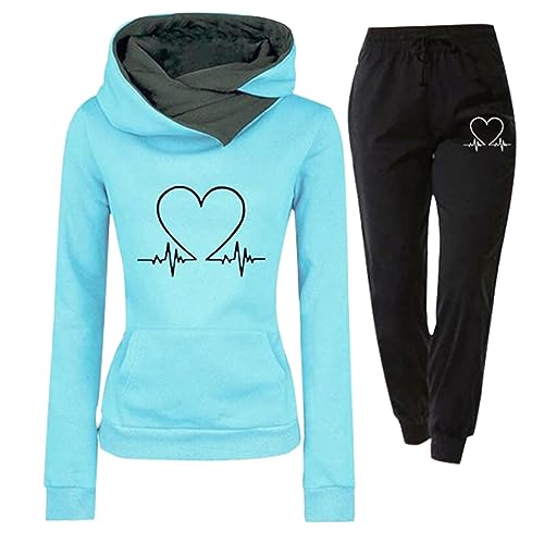 Trainingsanzug Damen Jogginganzug für Damen Set Heartbeat Print Outfit Sport und Freizeit Kapuzenpullover Bequeme Slim mit Taschen Hosenanzug Outdoor Sport Sweatshirt Hosenanzug Damen 2 Teiliges von Jdamsixygs