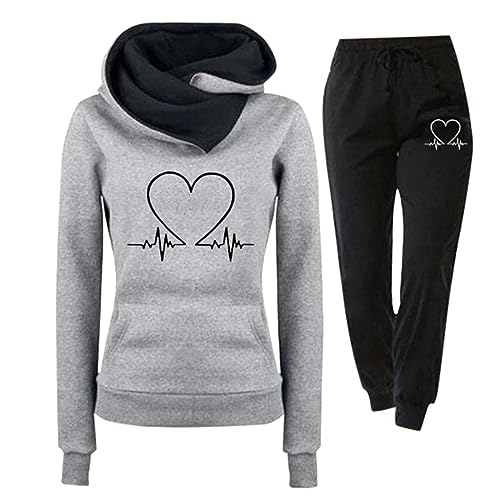 Trainingsanzug Damen Jogginganzug für Damen Set Heartbeat Print Outfit Sport und Freizeit Kapuzenpullover Bequeme Slim mit Taschen Hosenanzug Outdoor Sport Sweatshirt Hosenanzug Damen 2 Teiliges von Jdamsixygs