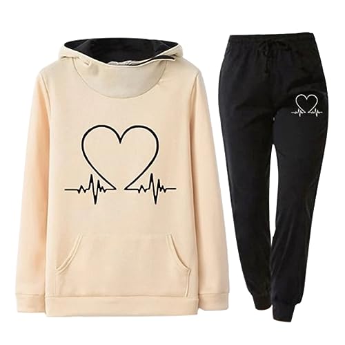 Trainingsanzug Damen Jogginganzug für Damen Set Heartbeat Print Outfit Sport und Freizeit Kapuzenpullover Bequeme Slim mit Taschen Hosenanzug Outdoor Sport Sweatshirt Hosenanzug Damen 2 Teiliges von Jdamsixygs