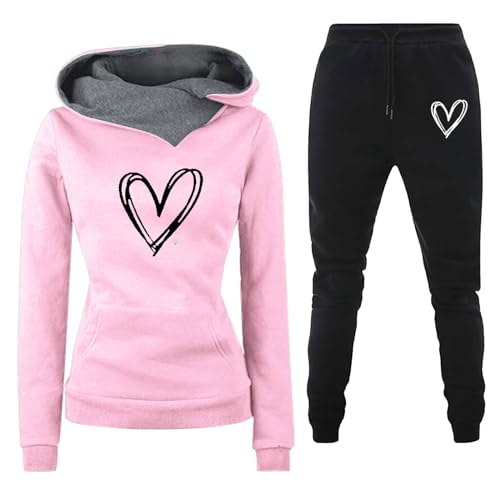 Trainingsanzug Damen Jogginganzug für Damen Set Heartbeat Print Outfit Sport und Freizeit Kapuzenpullover Bequeme Slim mit Taschen Hosenanzug Outdoor Sport Sweatshirt Hosenanzug Damen 2 Teiliges von Jdamsixygs