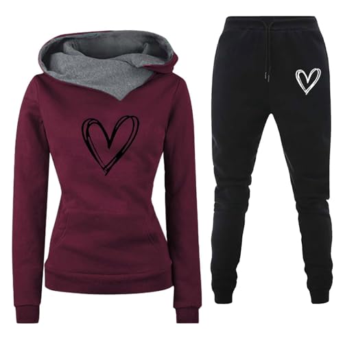 Trainingsanzug Damen Jogginganzug für Damen Set Heartbeat Print Outfit Sport und Freizeit Kapuzenpullover Bequeme Slim mit Taschen Hosenanzug Outdoor Sport Sweatshirt Hosenanzug Damen 2 Teiliges von Jdamsixygs