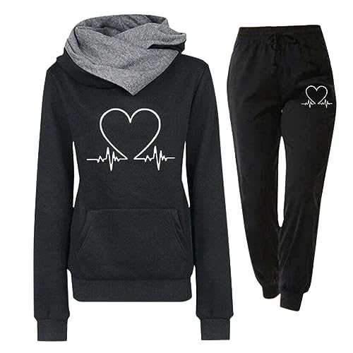 Trainingsanzug Damen Jogginganzug für Damen Set Heartbeat Print Outfit Sport und Freizeit Kapuzenpullover Bequeme Slim mit Taschen Hosenanzug Outdoor Sport Sweatshirt Hosenanzug Damen 2 Teiliges von Jdamsixygs