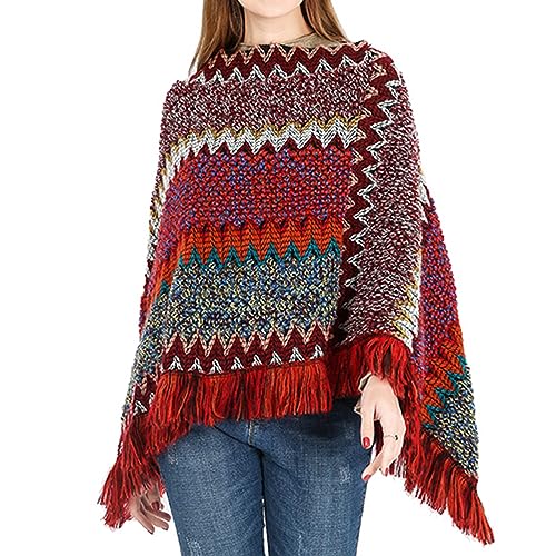 Jdlsppl Damen Poncho Pullover Zig Zag Knit Mexikanischer Poncho Wrap Herbst Hippie Weiche Fransen Häkeln Schal Asymmetrisch Cape, Burgunder, Einheitsgröße von Jdlsppl