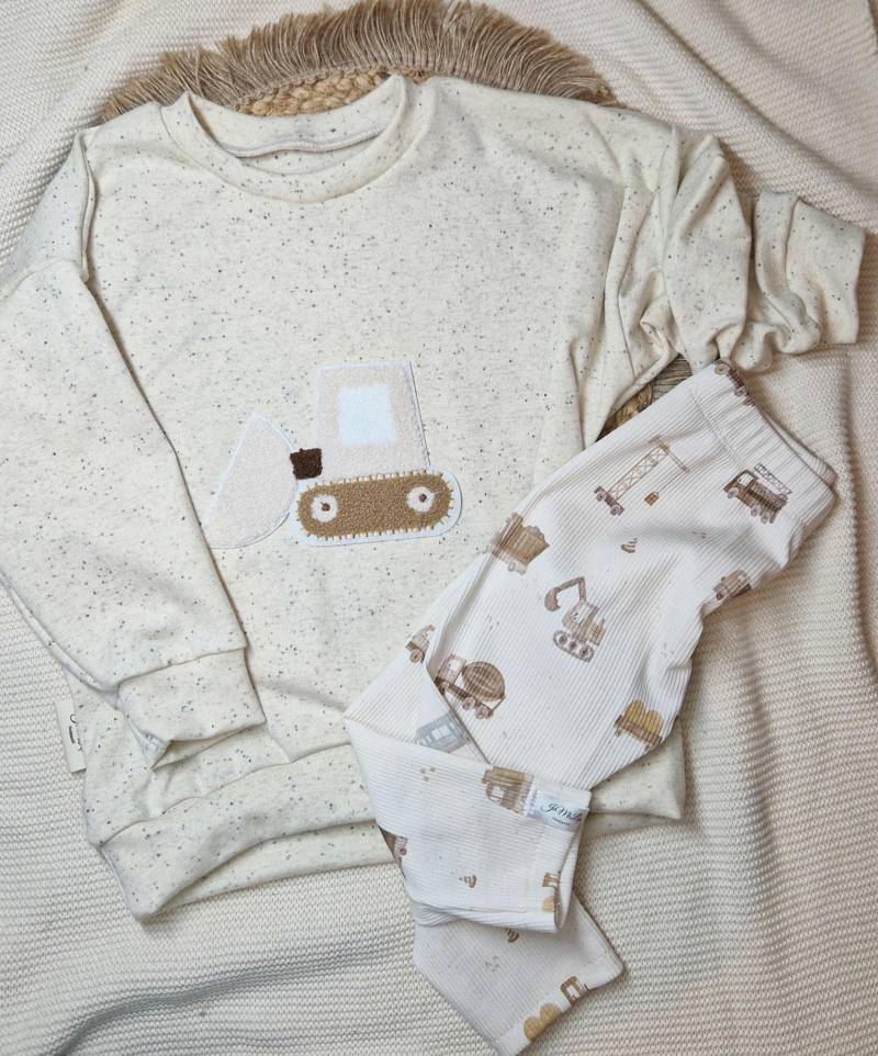 Oversize Sweater Kinder | Baustellenfahrzeuge Pullover Stylisch Unise Konfettistoff Bagger Leggings Set Chenille von JeMiLaHandmade