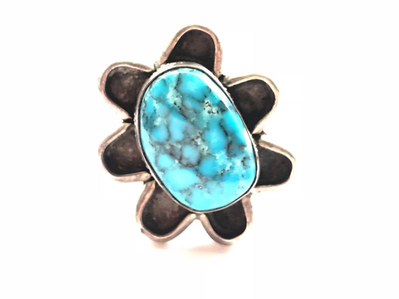 Größe 6 3/4 Vintage Lone Mountain Türkis Und Sterling Silber Blume Ring Mit Stempel Detaillierung Künstler Signiert von JeTayTreasures