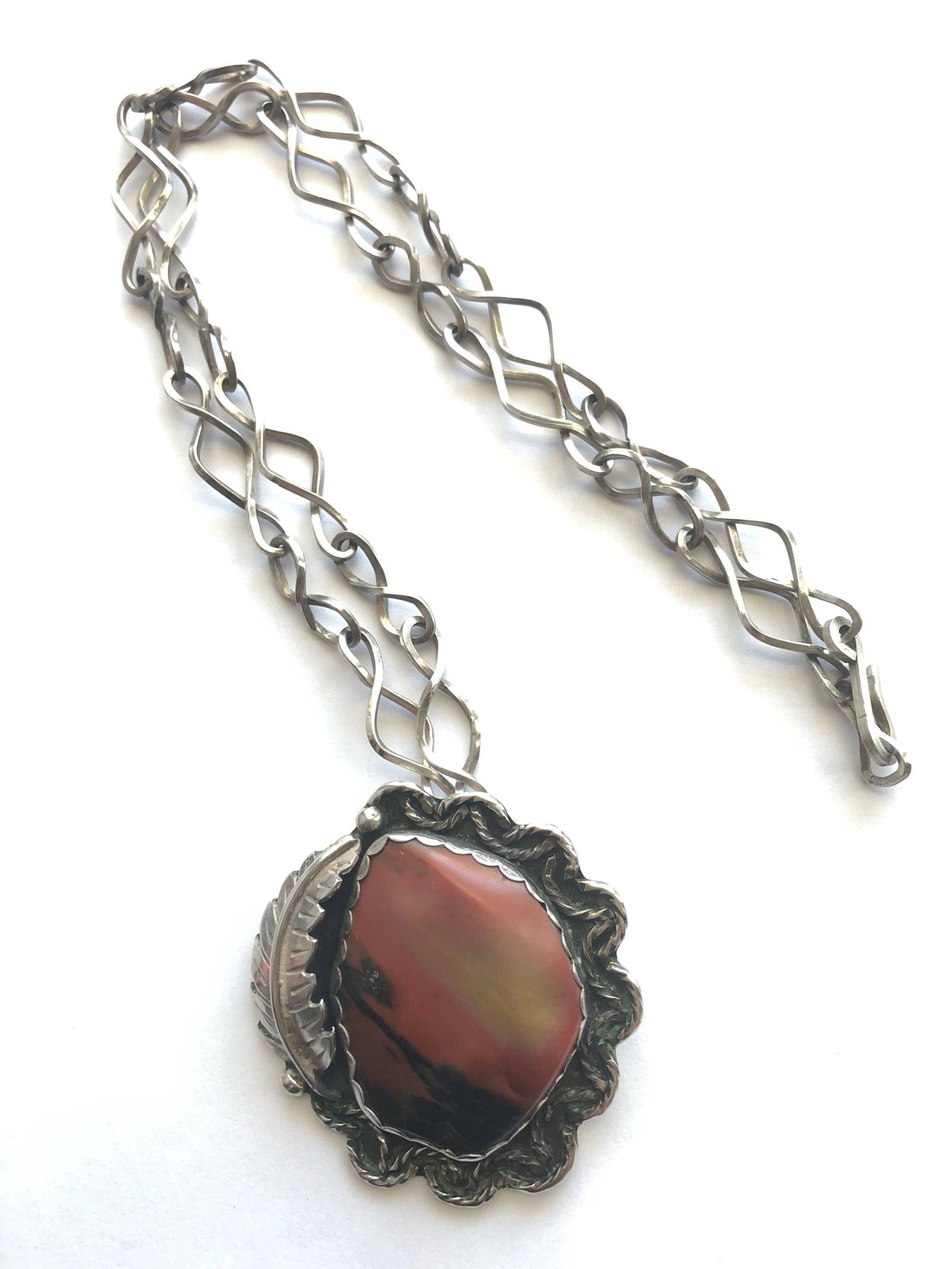 Große Rote Bild Jaspis Südwestlichen Sterling Silber Unisex Halskette Auf Großen Kette von JeTayTreasures