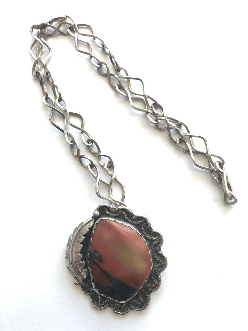 Große Rote Bild Jaspis Südwestlichen Sterling Silber Unisex Halskette Auf Großen Kette von JeTayTreasures