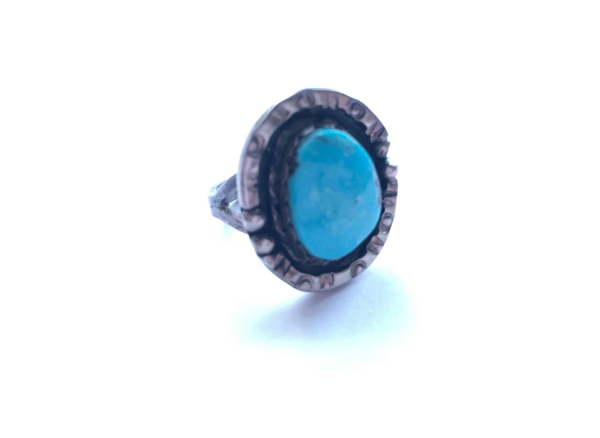 Vintage Blau Türkis Runde Sterling Silber Ring, Künstler Signiert, Größe 6 3/4 von JeTayTreasures