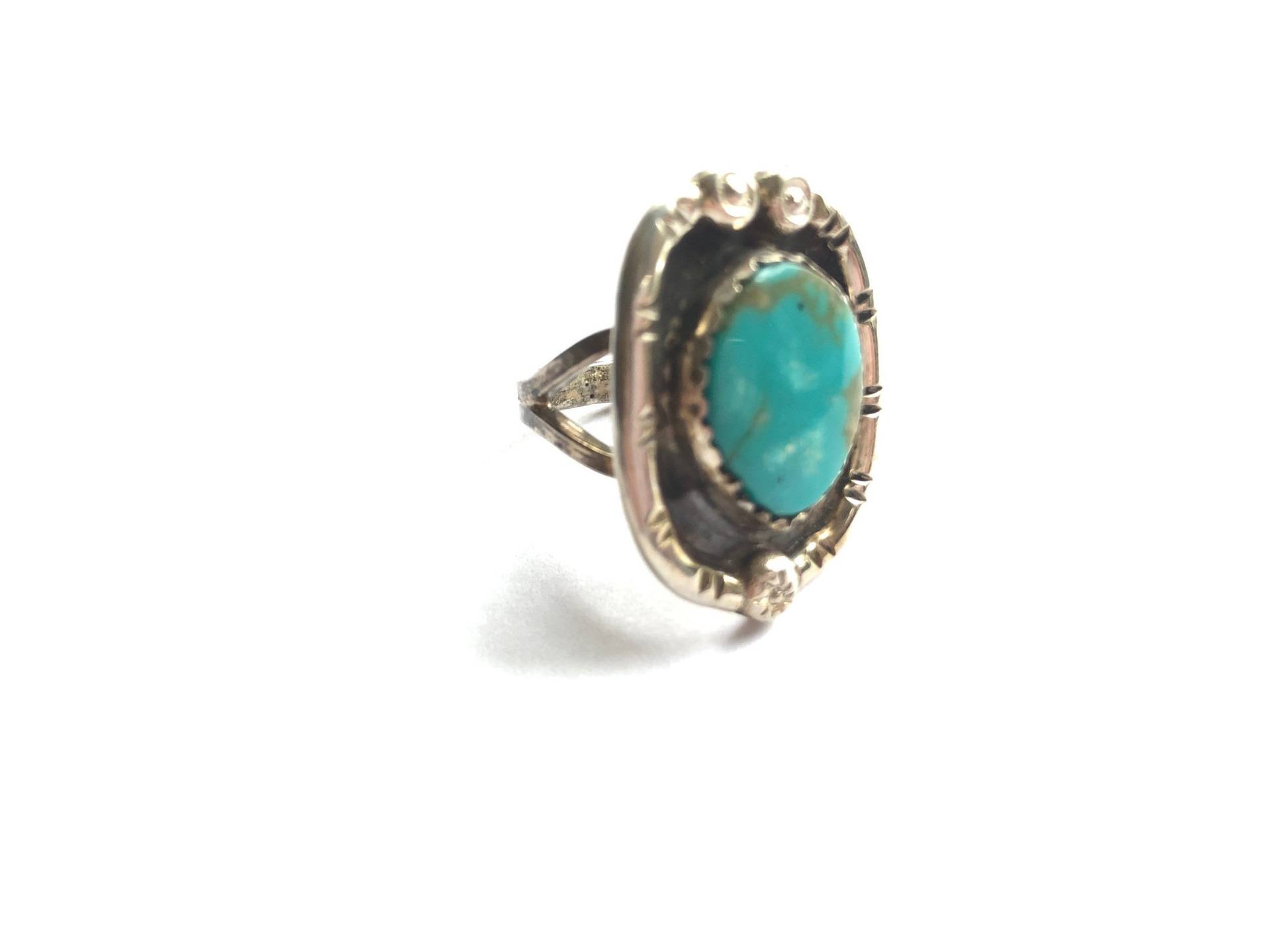 Vintage Verzierten Rahmen Sterling Silber Türkis Ring, Künstler Signiert, Größe 6 1/4 von JeTayTreasures