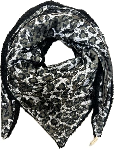 Jeamis XXL Dreieck Teddyfell Schal Strickschal Leopard Warmer Winter Schal Fashion Tuch Dreieckschal mit Knopf Stola Herbst Frühling Tuch Leo (Schwarz) von Jeamis