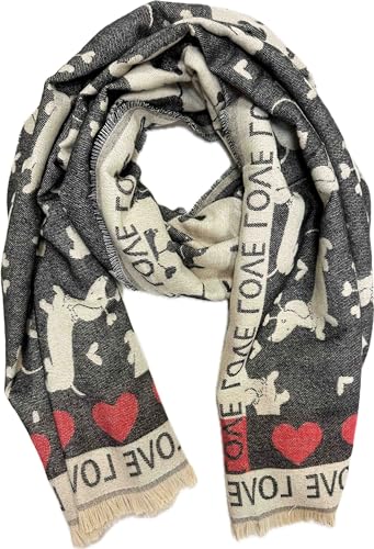 Jeamis XXL Hunde Dog Muster Dackel Strickschal Warmer Winter Schal Fashion Tuch Herbst Frühling Stola Wolle mit Fransen Tuch (LoveHund Schwarz) von Jeamis