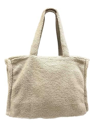 Jeamis XXL Teddyfell Shopper Winter Tasche SchultertascheUnisex Henkeltasche Umhängetasche Tote Bag Beutel Vlies Unifarbe (D Beige) von Jeamis