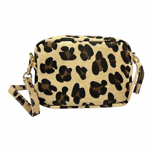 Rauhleder Umhängetasche Leopard Veloursleder Tasche Crossbody Clutch Leder Leo Made in Italy (Model C Khaki) von Jeamis