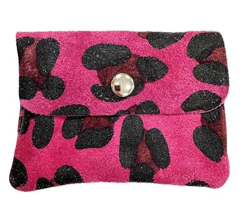 Rauhleder mini Geldbörse Leopard Veloursleder Portemonnaie Geldbeutel Wallet Leder Leo Made in Italy (Leo Pink) von Jeamis
