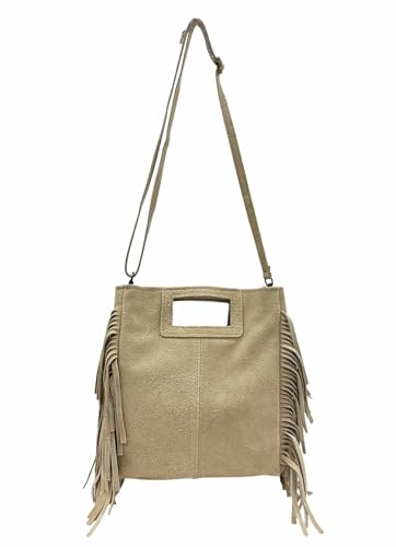 Wildleder Rauhleder Umhängetasche mit Fransen Veloursleder Tasche Leder Leo Made in Italy (ModelA Beige) von Jeamis