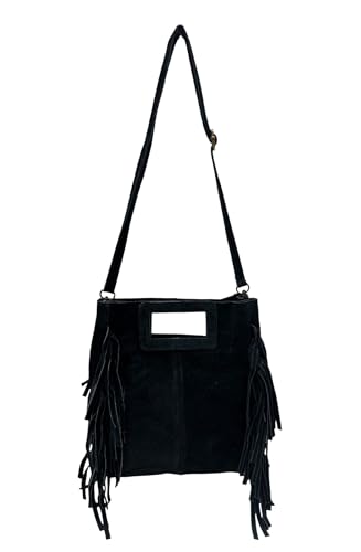 Wildleder Rauhleder Umhängetasche mit Fransen Veloursleder Tasche Leder Leo Made in Italy (ModelA SChwarz) von Jeamis