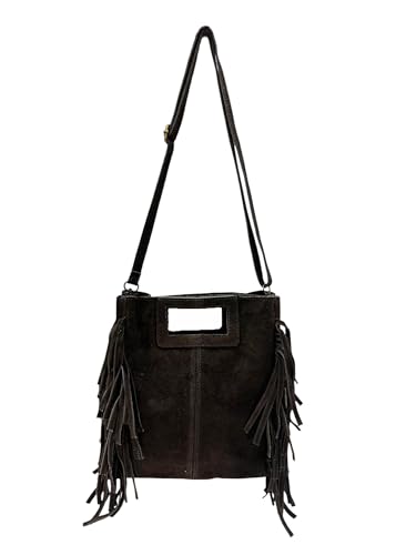 Wildleder Rauhleder Umhängetasche mit Fransen Veloursleder Tasche Leder Leo Made in Italy (ModelA Schoko) von Jeamis