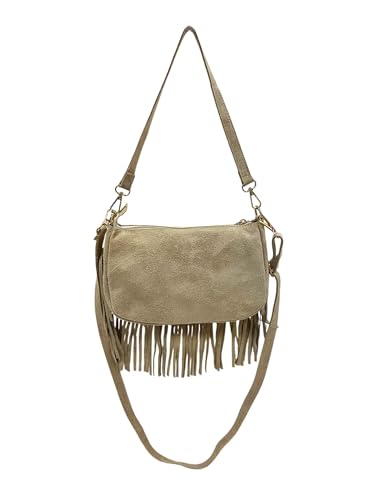 Wildleder Rauhleder Umhängetasche mit Fransen Veloursleder Tasche Leder Leo Made in Italy (ModelB Beige) von Jeamis