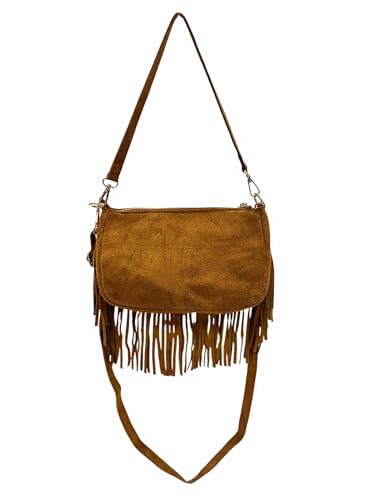 Wildleder Rauhleder Umhängetasche mit Fransen Veloursleder Tasche Leder Leo Made in Italy (ModelB Braun) von Jeamis