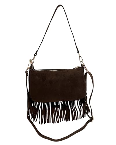 Wildleder Rauhleder Umhängetasche mit Fransen Veloursleder Tasche Leder Leo Made in Italy (ModelB Schoko) von Jeamis