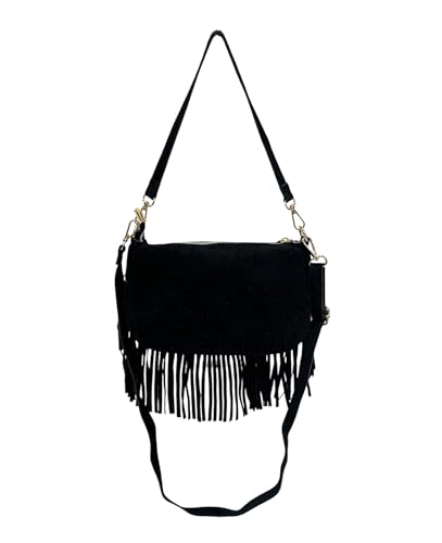 Wildleder Rauhleder Umhängetasche mit Fransen Veloursleder Tasche Leder Leo Made in Italy (ModelB Schwarz) von Jeamis
